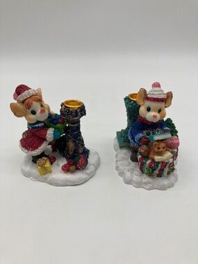 Vintage Christmas Mice Taper Candle Holders Pair Resin Winter Mouse